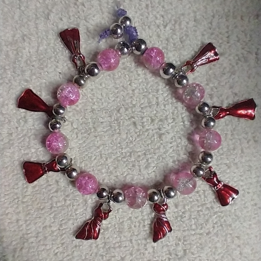 Pink crackled glass silvertone beads red dress stretch bracelet